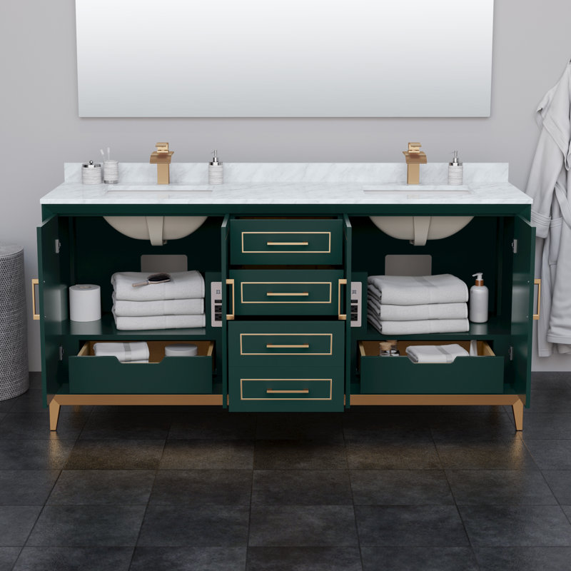 Marlena 72" Freestanding Double Bathroom Vanity with Cultured Marble Top, Green, Satin Bronze