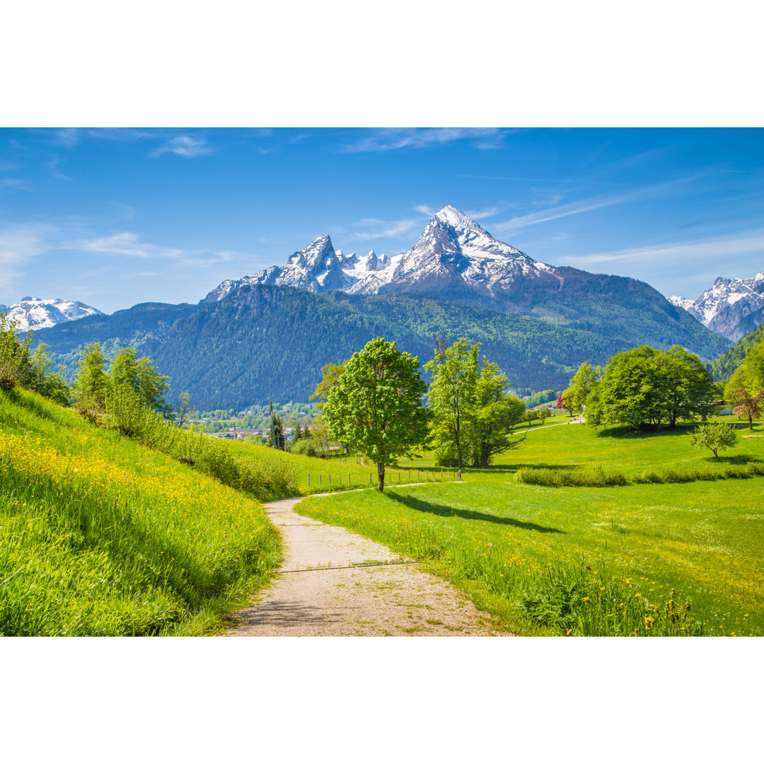 Leinwandbild Idylle in den Alpen mit Wanderweg im Sommer