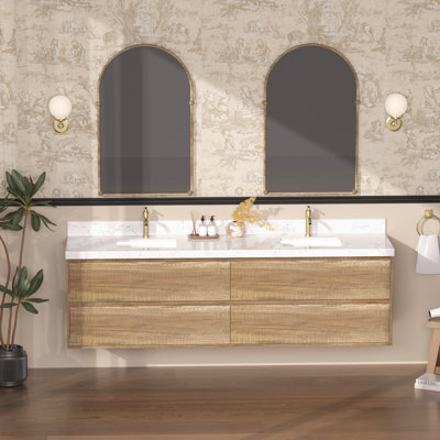 Wall-Mounted Double Bathroom Vanity with Carrara White Engineered Stone Top and Dual Square Ceramic Sinks