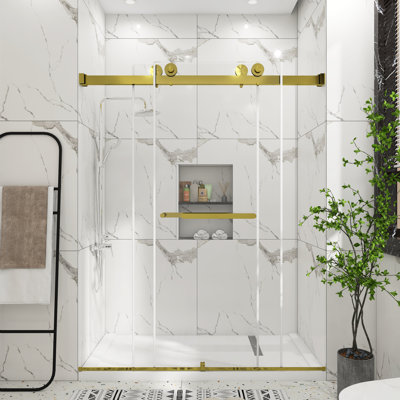 Porte de douche coulissante double sans cadre en or brossé l 56-60 po x H 74 po, verre trempé 5/8 po (8 mm), poignée en acier inoxydable, rail tubulaire carré