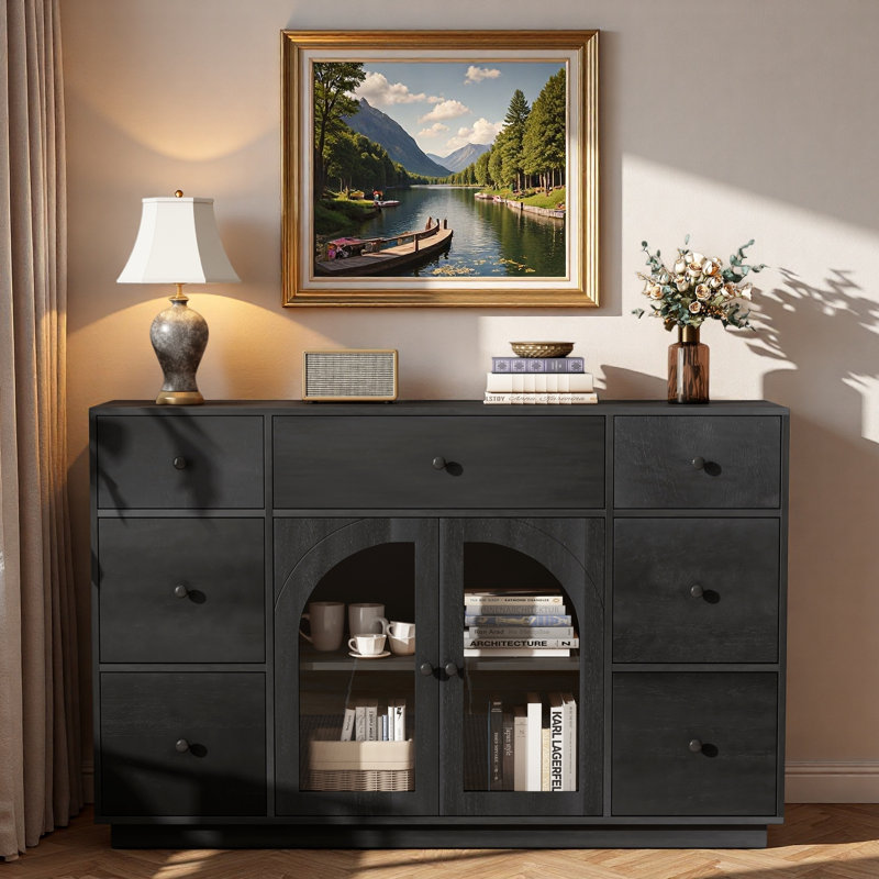 Buffet avec 2 portes, 7 tiroirs et tablette réglable, Noir