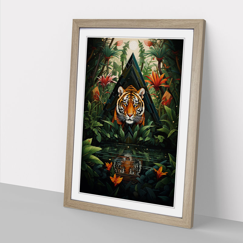 Jungle Geometric - Single Picture Frame Print on Wood, 64cm H x 46cm W x 2cm D, Oak Framed