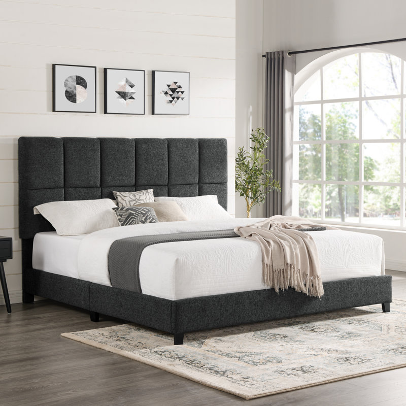 Ashiqu Squares Upholstered Platform Bed, King, Gray