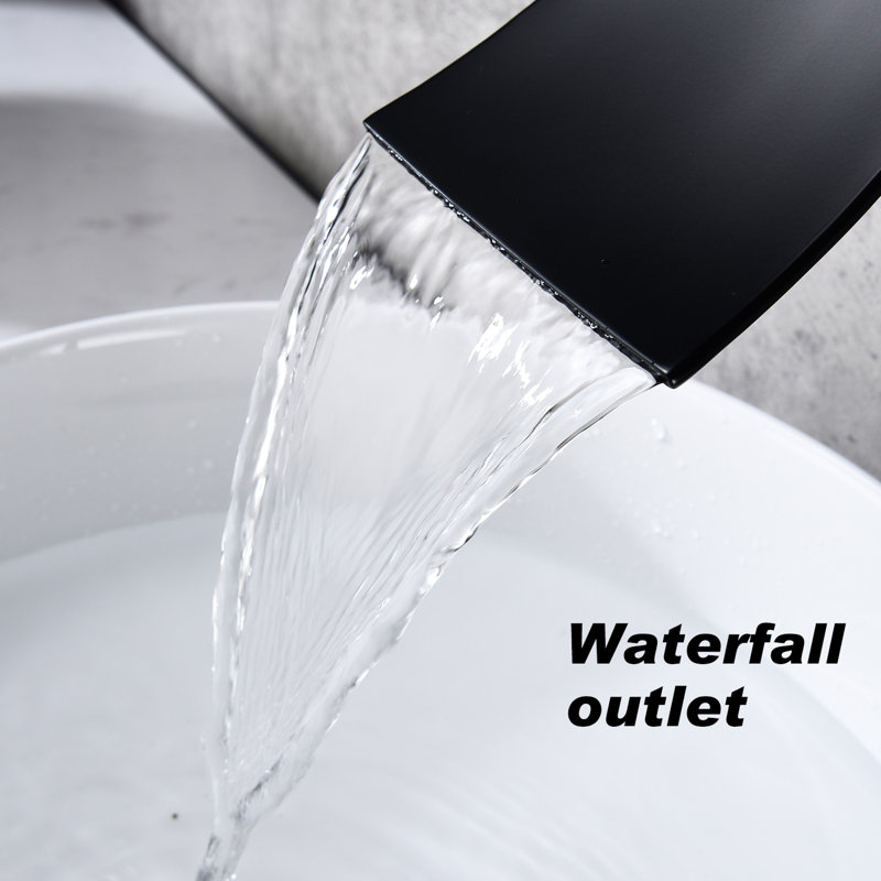 Robinet de salle de bain mural en noir mat, laiton avec un grand bec en cascade et une valve de contrôle de débit précise pour une utilisation parfaite