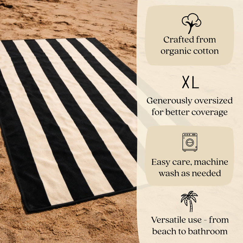 Organic Cotton Striped Beach Towel, Black/Cream Striped