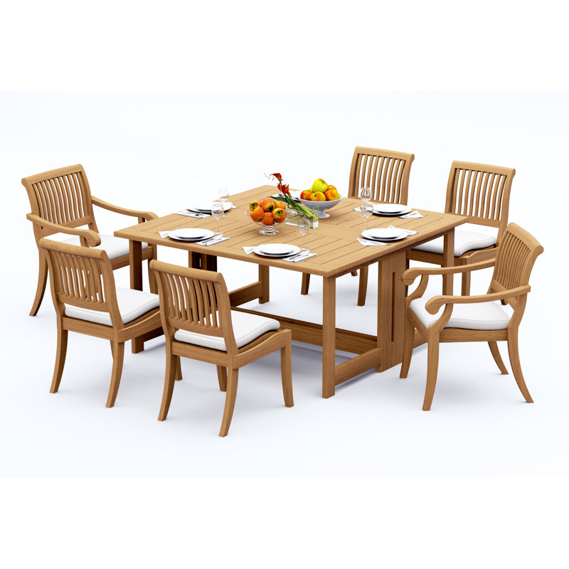 6 Seats 7 Pcs Grade-A Teak Wood Dining Set: 60" Square Rectangle Butterfly Table And 6 Arbor Stacking Chairs (2 Arm & 4 Armless Chairs) #11AB1402