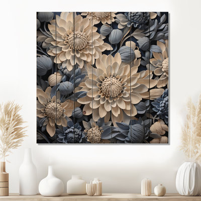 Beauté pure de chrysanthèmes blancs et bleus - art mural sur bois de pin naturel