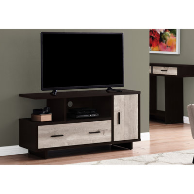 Meuble télé 48 po avec console, meuble de rangement contemporain avec meuble multimédia et tiroirs de couleur brun pour le salon de la chambre à coucher, accessoires en stratifié