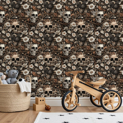 Peel and Stick PVC Wallpaper, Removable Self-Adhesive Wall Covering With Gothic Skull Floral Garden Engraving Seamless Print, Waterproof for Home Decor - Roll