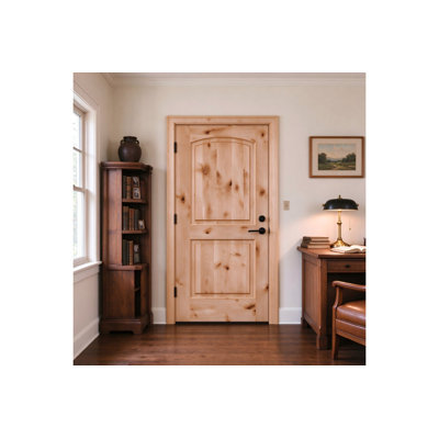2-Panel Arch Top Knotty Alder Interior Door with Frame, Solid Core Unfinished Door & Frame Kit with Hinges