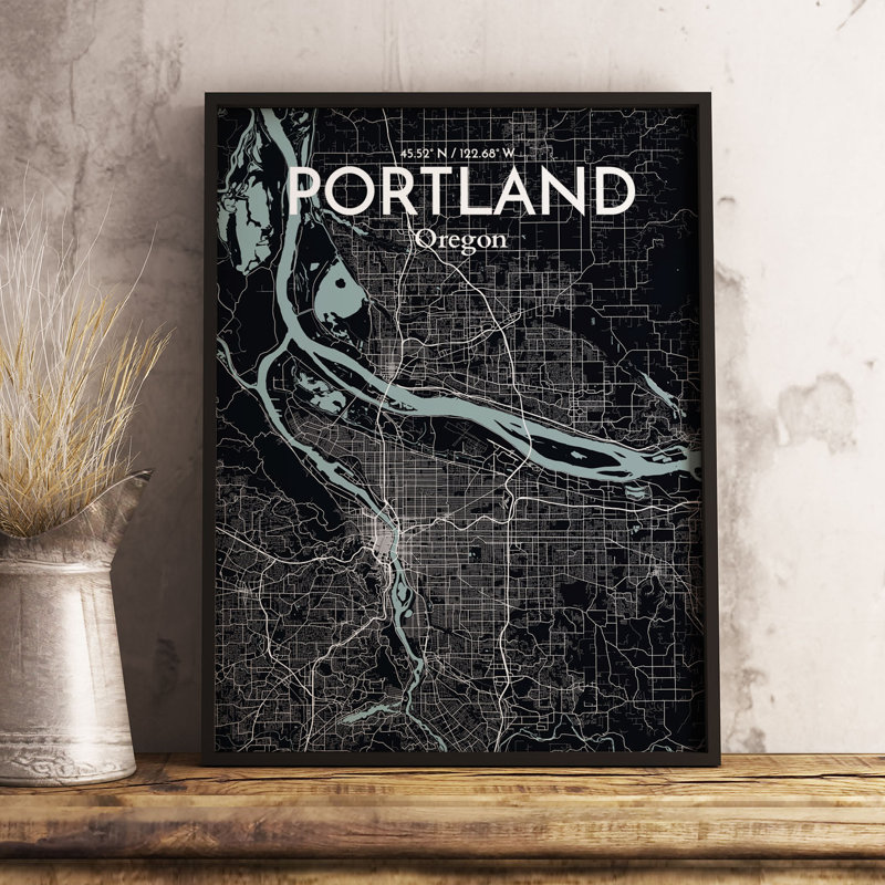 « portland city map », reproduction d’impression sur affiche en minuit, H 17 po x l 11 po x P 0,05 po