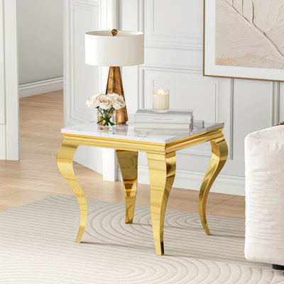 Modern Square End Table, Faux Marble Top With 4 Mirrored Finish Stainless Steel Snake-Shaped Legs For Living Room