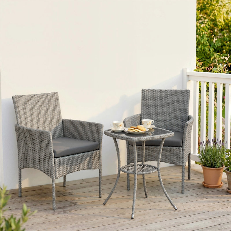 3 Piece Grey Rattan Bistro Set with 2 Cushioned Chairs and 2-Tier Glass Top Coffee Table, Garden Balcony Furniture with Steel Frame