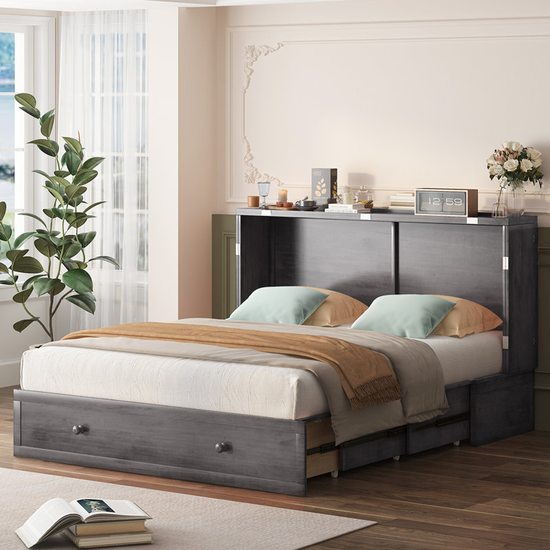 Lit armoire escamotable Murphy, grand lit escamotable avec station de charge USB intégrée et tiroirs de rangement spacieux, lit plateforme double pliable pour la vie