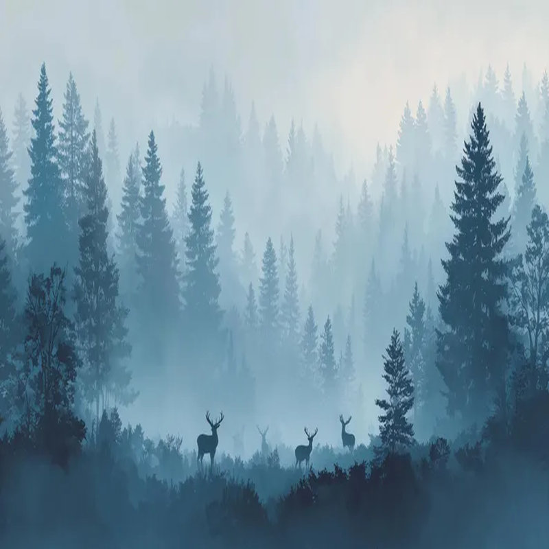 Murale de forêt de pin bleu avec silhouette de cerf, L 108 po x l 96 po
