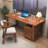 Nut-Brown Rectangular Solid Wood with 3 drawers desk-121548624