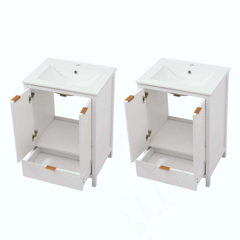 Ensemble de meuble-lavabo de salle de bain, meuble-lavabo moderne avec trou de robinet simple, panneaux de porte texturés et tiroir, pieds en pin, grand espace de rangement et charnières à fermeture en douceur
