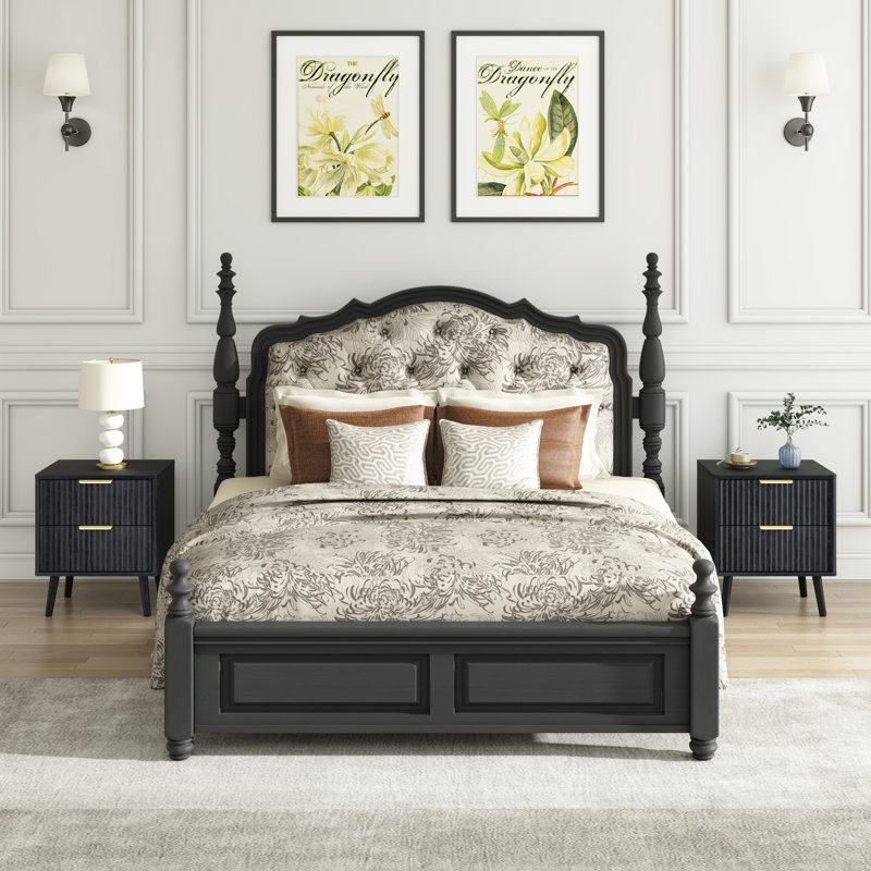 Fluted Nightstand With Curved Profile Design, 2-Drawer End Table, Bedside Table For Bedroom, Living Room, Black