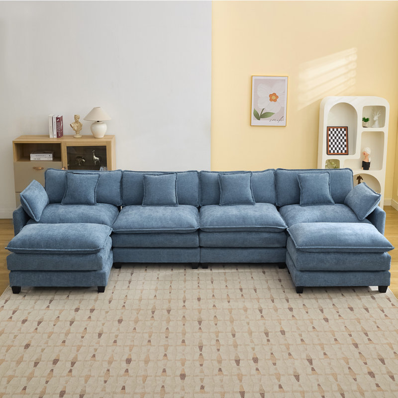 Chenille Upholstered Sectional Sofa Couch with Ottoman, Blue, 6