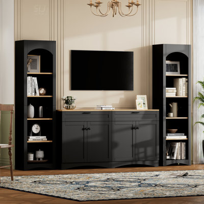 Meuble audio-vidéo 3 pièces en bois de 72 po de largeur, console multimédia pour téléviseur de 70 po ou moins, meuble télé avec armoire de rangement, tiroirs et tablette ouverte (noir)