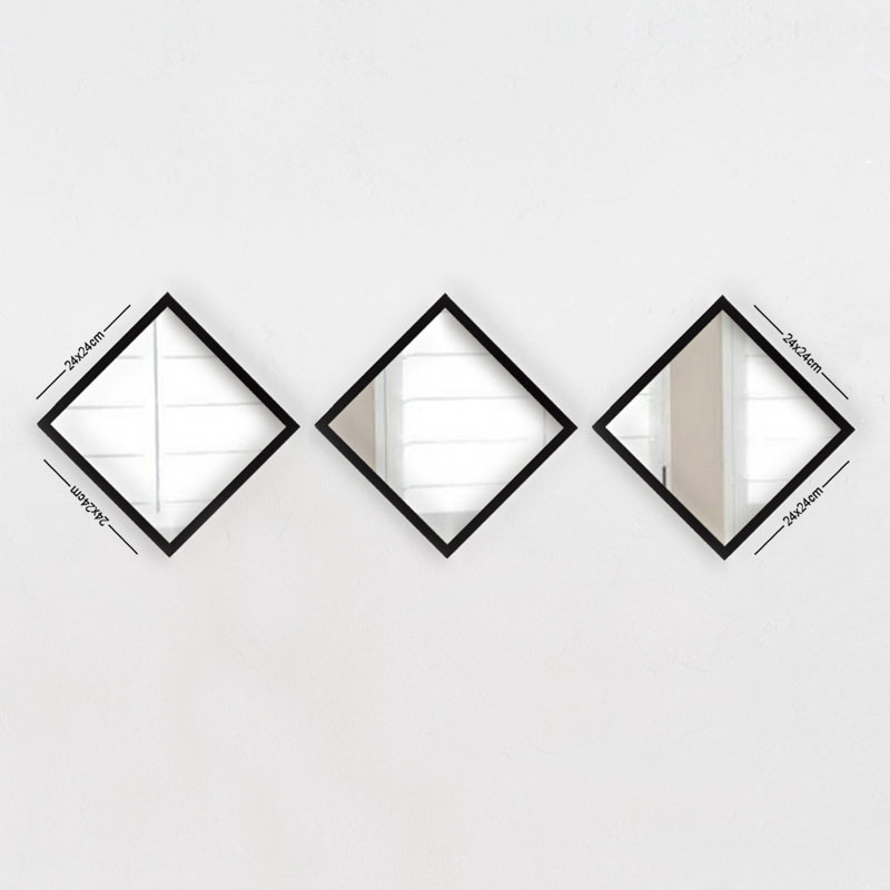 Ensemble de miroir élégant 3 pièces, 24 po x 24 po | 100% verre avec cadre en plastique stratifié, épaisseur: 0,16 pouce | Design élégant argenté et noir, parfait pour la décoration intérieure, le salon et l'entrée