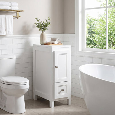 White Narrow Bathroom Storage Cabinet, Freestanding Slim Bathroom Floor Cabinet with Single Door & Drawer, Small Side Linen Cabinet for Bathroom, Toilet, Laundry Room, Compact Organizer Cabinet with Adjustable Shelf
