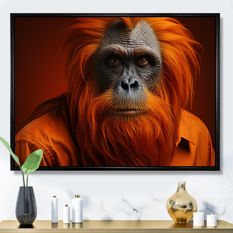 Singe orang-outan en costume tendance, Cadre flottant noir, H 16 po x l 32 po x P 1 po