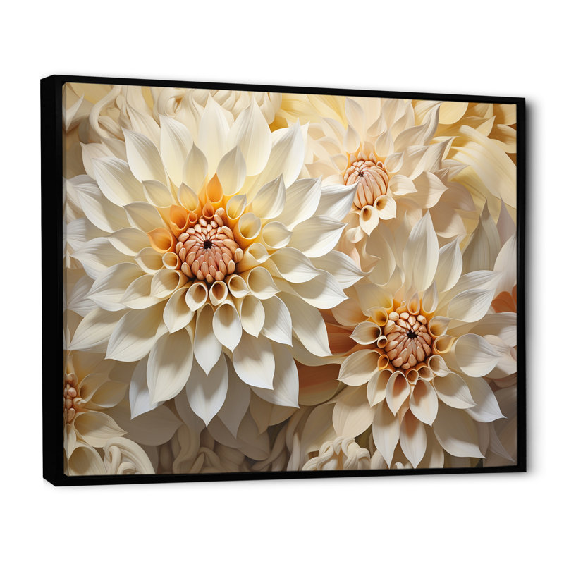 Dahlia blanc minimalisme sur toile, H 24 po x l 32 po x P 1 po, Cadre flottant noir