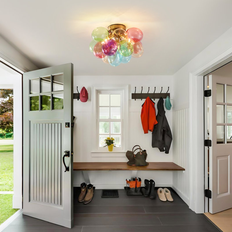 3-Light Dimmable Flush Mount Ceiling Light With Colorful Bubble Glass, Brass