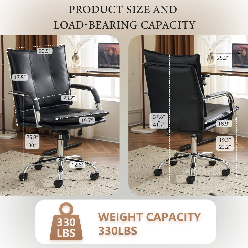 Chaise de bureau de luxe en similicuir noir avec accoudoirs rembourrés de 23,2 po Abba, Noir