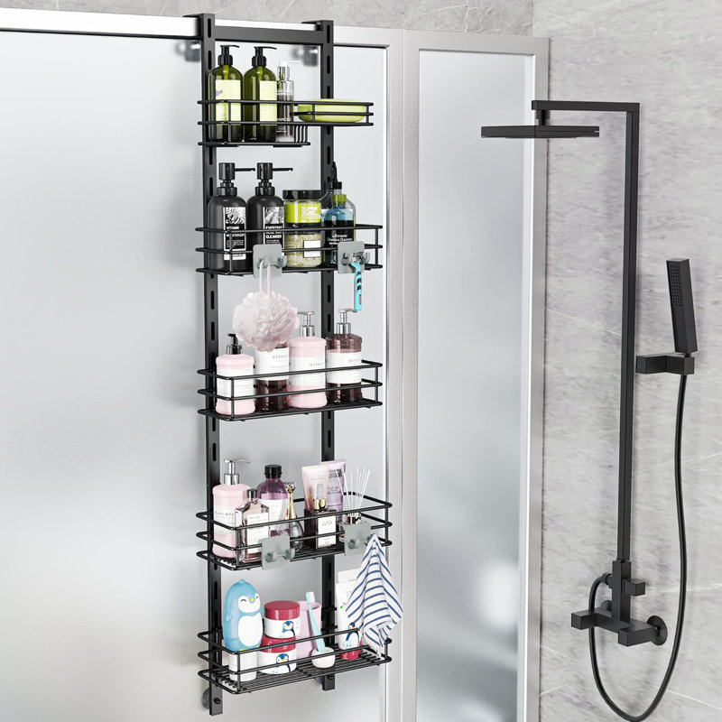 Adjustable 5-Layer Shower Rack On The Door, Matte Black, 4.72" H x 11.81" W x 44.6" D