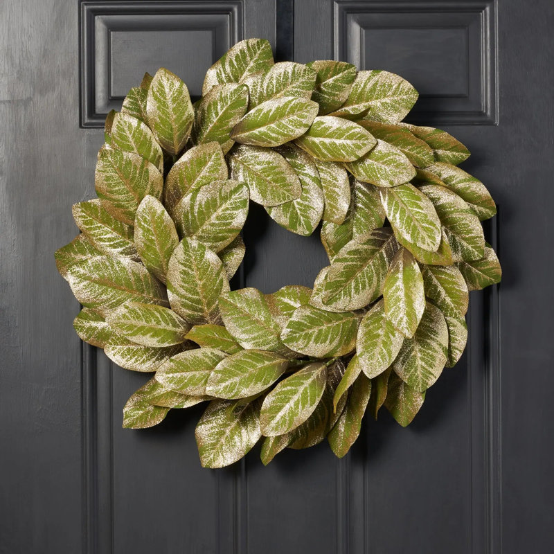 Cadre de cheminée de Noël vert et doré à motif de feuille de magnolia