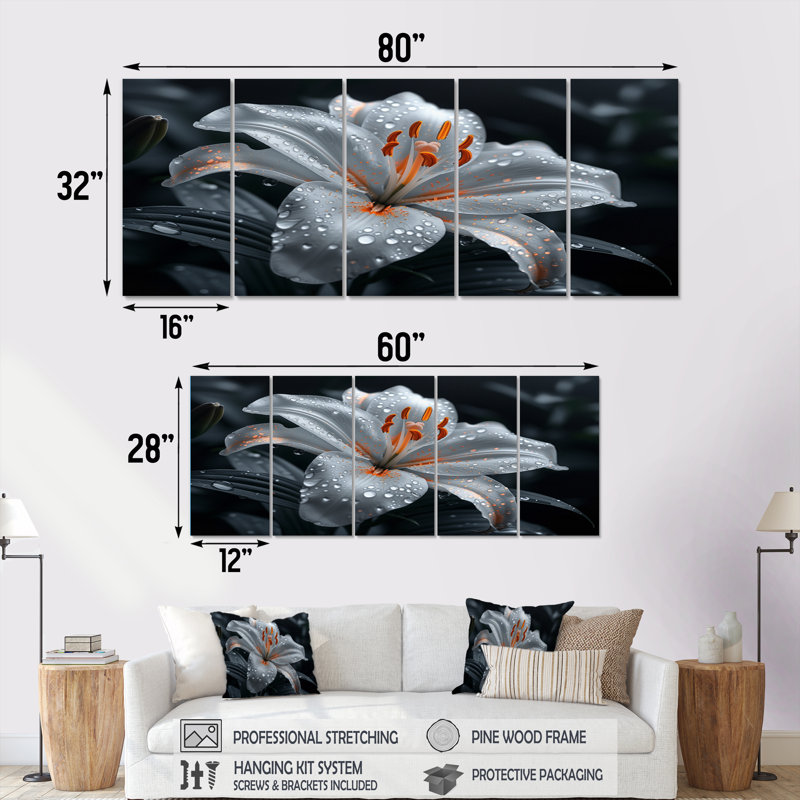 «White Garden Lily Crystal» - ensemble d'art mural lys, H 32 po x l 80 po