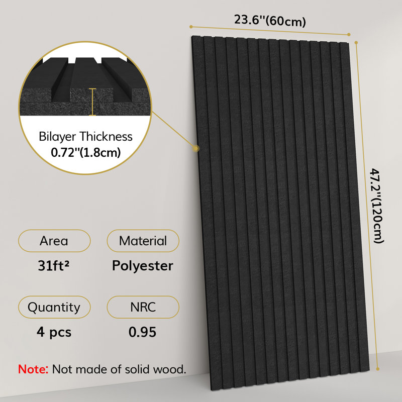 4-pack Bilayer Acoustic Panels Large Self-adhesive, 47.24” * 23.62” * 0.72” Adhesive Wall Panel, Large Soundproof Tiles For Echo Absorbtion, Acoustical Barrier Of Polyester Fiber, Black