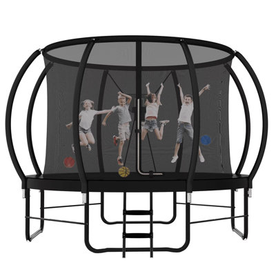 Funseek Outdoor Trampoline 14FT with Enclosure and Ladder, Recreational Trampoline with Basketball Hoop Set