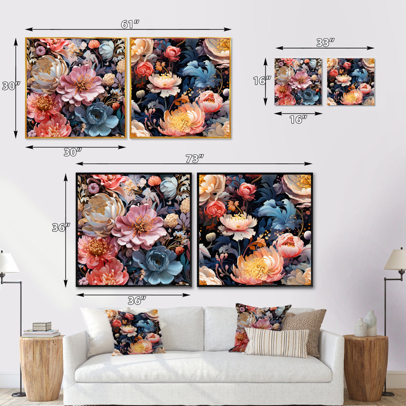 Livio - Ensemble de 2 collages carrés floraux, Cadre flottant doré, H 30 po x l 61 po