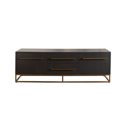 Encore Solid Mango Wood 2-Door / 2-Drawer Entertainment Cabinet In Grey Oak Finish W/ Gold Metal Handle & Base