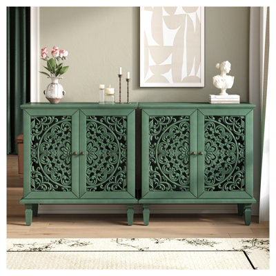 Vintage Hollow-Carved Accent Cabinet with Adjustable Shelf - Antique Green 2-Door Storage Sideboard for Living Room & Entryway