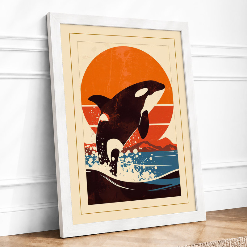 Leaping Orca At Sunset Art Deco - Print, A2 - 59.4 x 42.0 cm, White