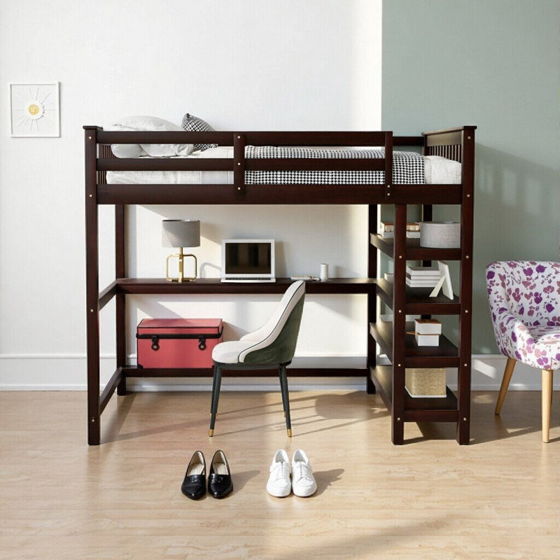 Lit mezzanine double gris avec tablettes de rangement et bureau sous le lit - Transformez votre chambre à coucher en un sanctuaire élégant et peu encombrant!
