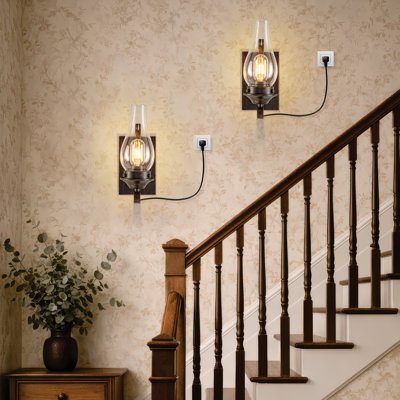 2-Pack Farmhouse Wall Sconces, Industrial Vintage Plug-in Wall Light Fixtures With Clear Glass Shade, E26 Base(Bulb Not Included)