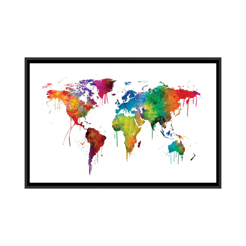 World Map Series: Dripping Effect I, impression sur toile tendue, H 18 po x l 26 po x P 1,5 po, Toile avec cadre noir