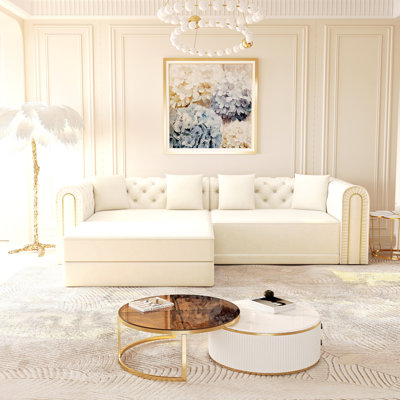 90.6" 3-In-1 Convertible Sleeper Sofa,Elegant Modern Couch With Button Tufted And Gold Edge Trim,3-Seater Couch With Movable Ottoman For Living Room,Apartment,Office,Bedroom,Beige/White