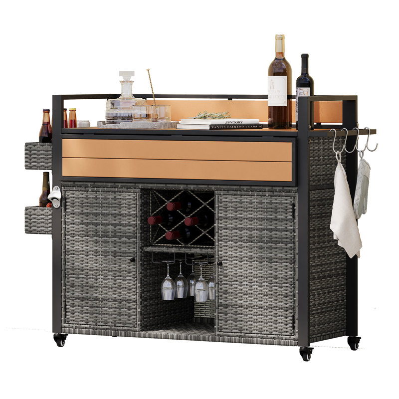 Kylie Wicker Rolling Kitchen Island On Wheels With Storage Cabinet, Gray