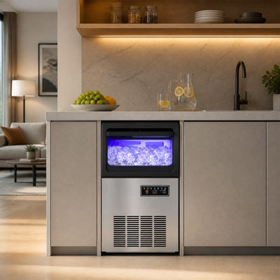Machine à glaçons commerciale transparente, 60 lb / 24 heures avec bac de rangement de 25 lb, machine à glaçons Gourmet sous le comptoir en acier inoxydable avec glace en cristal à fusion lente pour le bureau, le bar et le restaurant