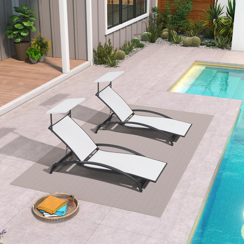 Purple Leaf 62.32'' Long Reclining PVC-coated polyester With Uv-Resistant Canopy Chaise Lounge Set Of 2 With Arm, White