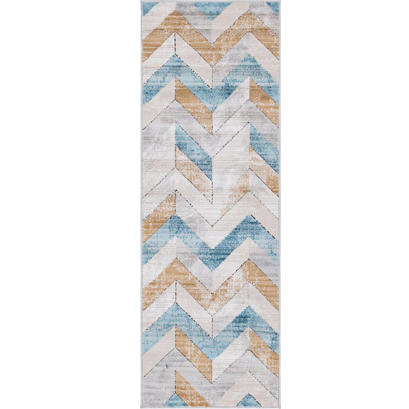  Tapis à chevrons beige / bleu, Tapis de couloir 2 pi 2 po x 6 pi 1 po
