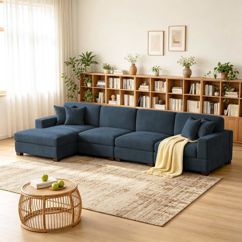 Canapé modulaire rembourré 4 pièces en chenille bleue avec accoudoirs et coussins décoratifs 4 pièces, Face à la gauche
