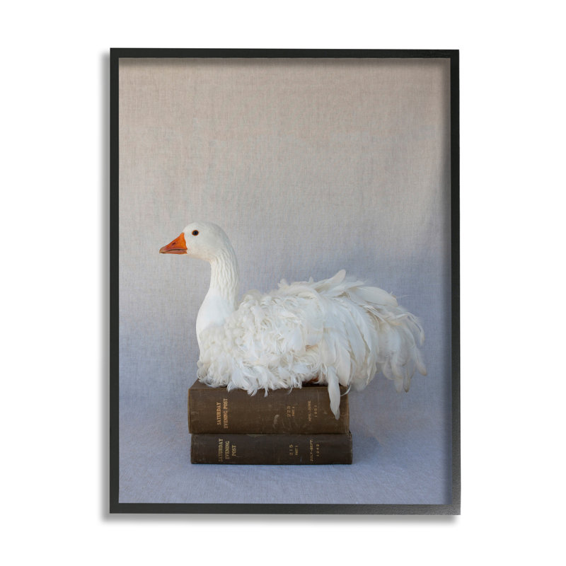 Oiseau de bibliothèque Fluffy Goose, H 16 po x l 16 po x P 1,5 po, Giclée encadrée noir minuit