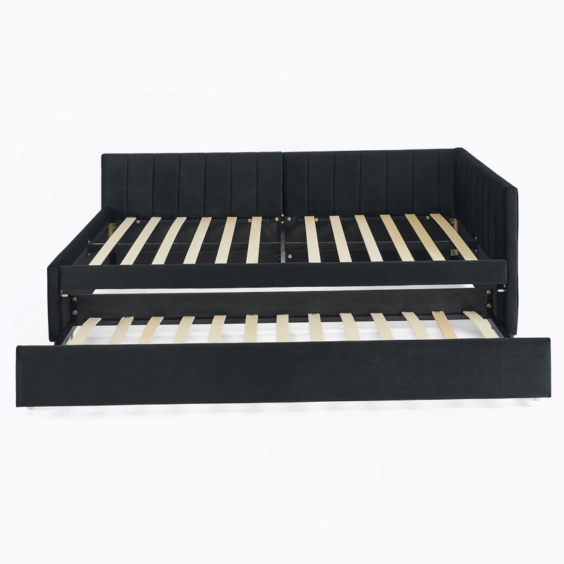 Lit de jour double avec couchette rembourrée capitonnée, structure de canapé-lit avec dossier confortable et accoudoirs, velours, noir (79,5 po x 58 po x 25 po)